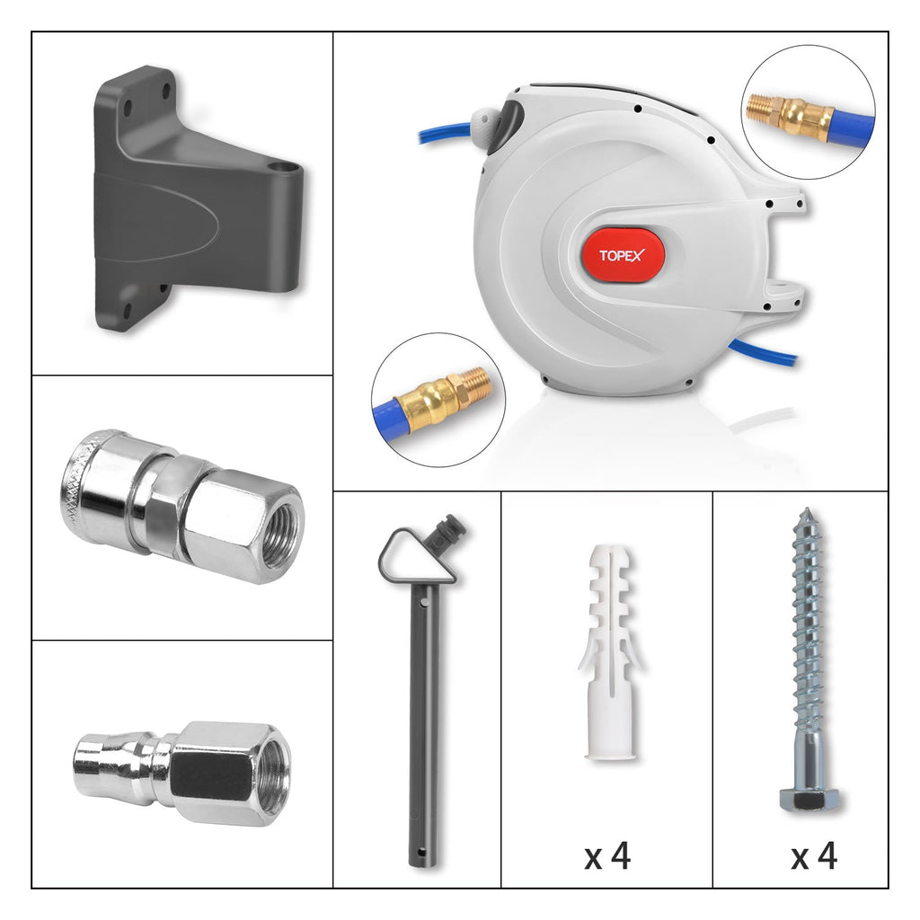 TOPEX 20M Air Hose Reel, 15 Bar Max Retractable Garden Hose Reel, Wall Mounted Air Compressor Hose Reel with Quick Coupling, Auto Rewind, Any Position Stop