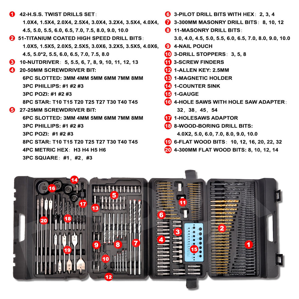TOPEX 204PC Combination Titanium Drill Bit Set Screw Bits for Metal Wood Masonry