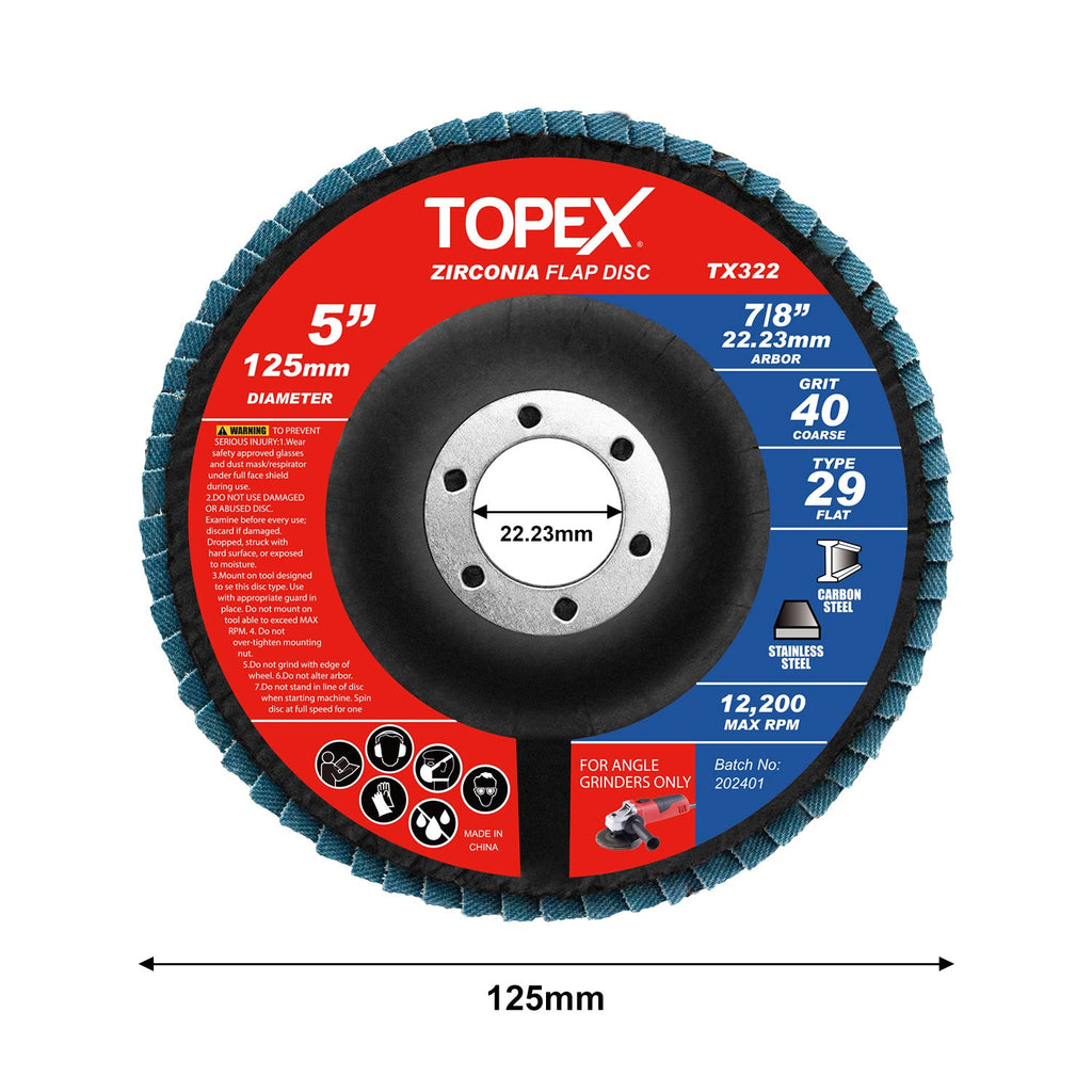 TOPEX 125mm Zirconia Flap Disc, 120 Grit, 10Pack