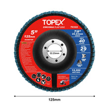 Load image into Gallery viewer, TOPEX 125mm Zirconia Flap Disc, 120 Grit, 10Pack