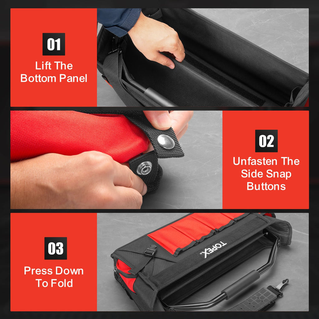 TOPEX 16 Inch Tool Bag, Multi-pocket Tool Organiser, High Bearing Wide Mouth Tool Tote Bag with Adjustable Shoulder Strap, Foldable, Rotatable Steel Handle
