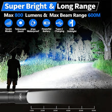 Load image into Gallery viewer, TOPEX LED Torch Rechargeable, 800 Lumens, 600M Super Bright Adjustable Focus Flashlight, 9 Lighting Modes, Waterproof Torch for Camping, Outdoor