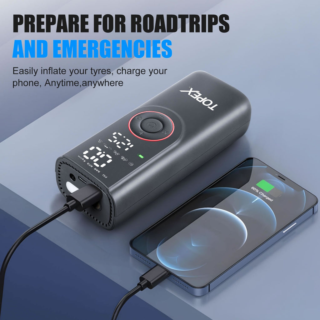 TOPEX 12V Car Tyre Inflator Portable Air Compressor Cordless Air Pump 150PSI Air Pump Dual Power Electric Tyre Pump for Car/ Motorcycle/ Bike/ Ball/ Custom